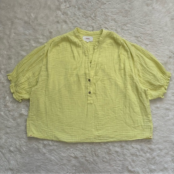 XiRENA Blouse Taye Top Partial Button Front Short Sleeve 100% Cotton Yellow Sz M - Picture 2 of 11